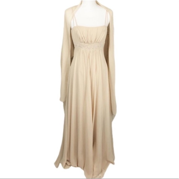 Long Spaghetti Strap Chiffon Dress w Beaded Empire - Picture 3 of 12